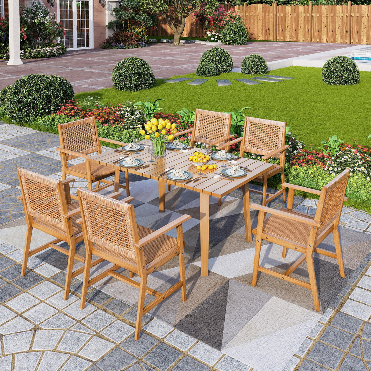 Outdoor Acacia Wood Dining Chairs Set of 2, Armchairs with Strong Wicker Back & Seat