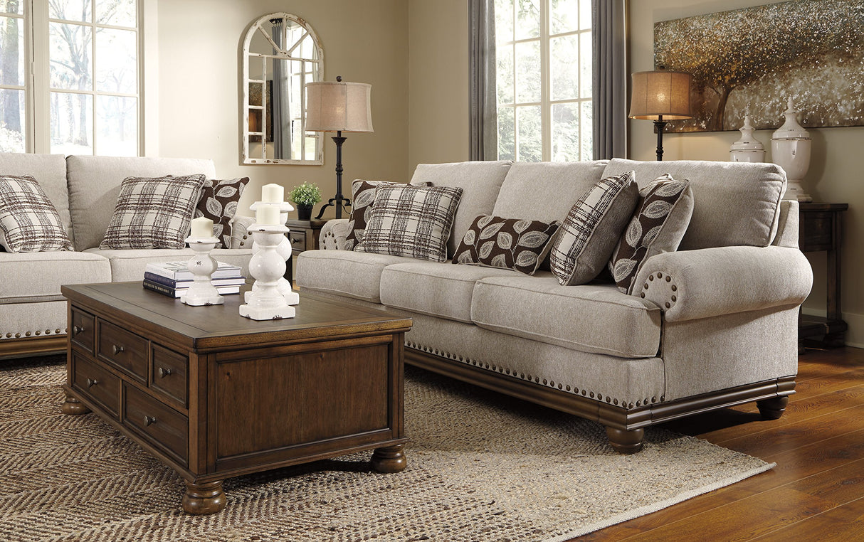 Harleson Modern Farmhouse Sofa with Nailhead Trim and 5 Accent Pillows, Beige
