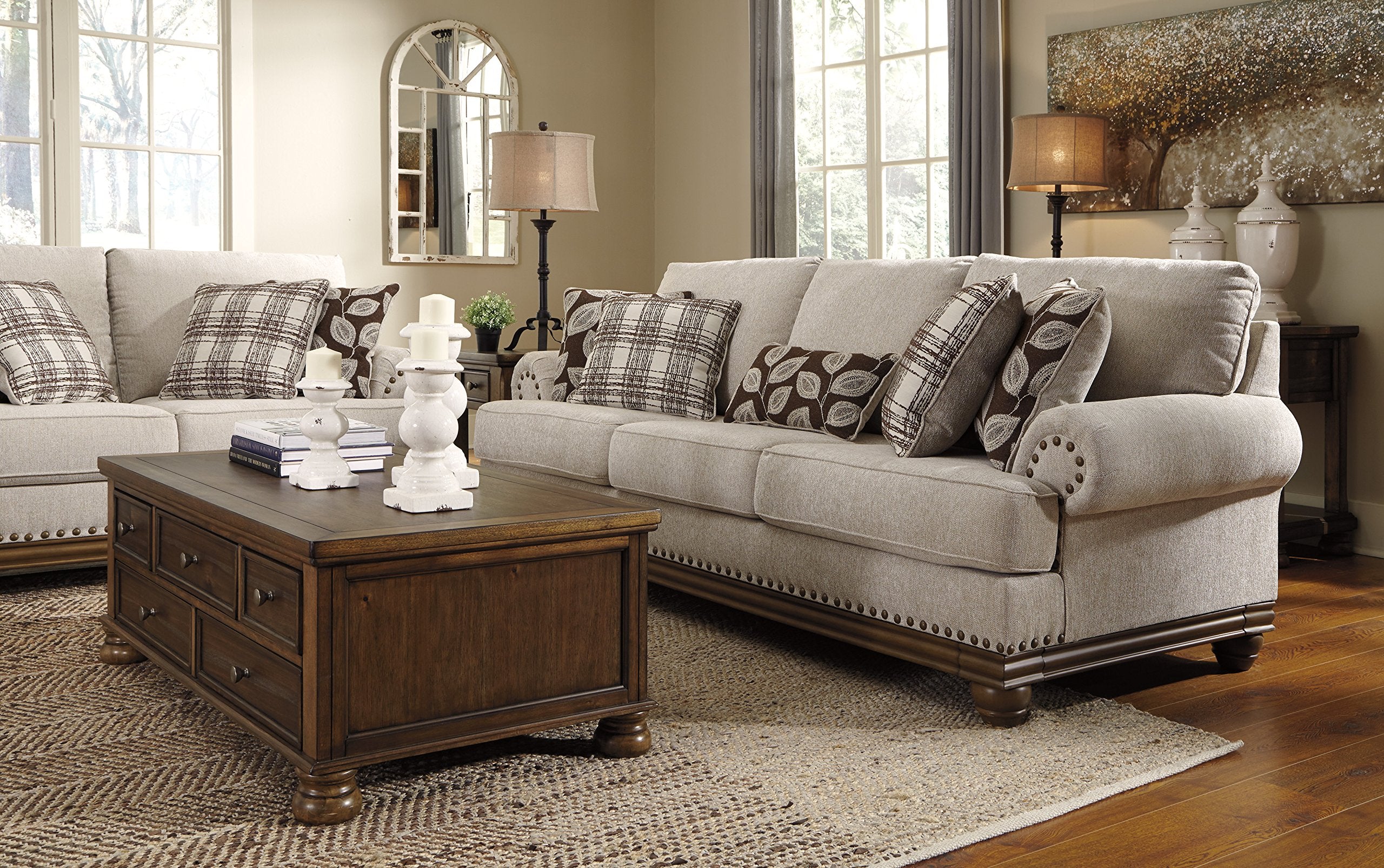Harleson Modern Farmhouse Sofa with Nailhead Trim and 5 Accent Pillows, Beige