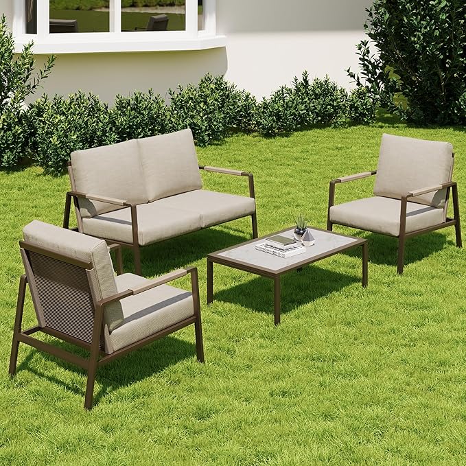 4-Piece Patio Conversation Set, Waterproof Outdoor Furniture Set with Thick Cushion