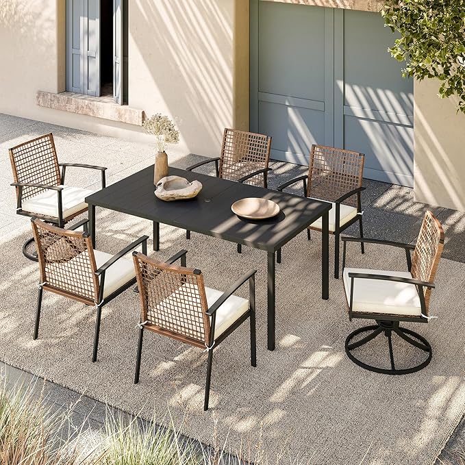 7 Pieces Patio Dining Set, Outdoor Furniture Set of 6 Swivel Chairs