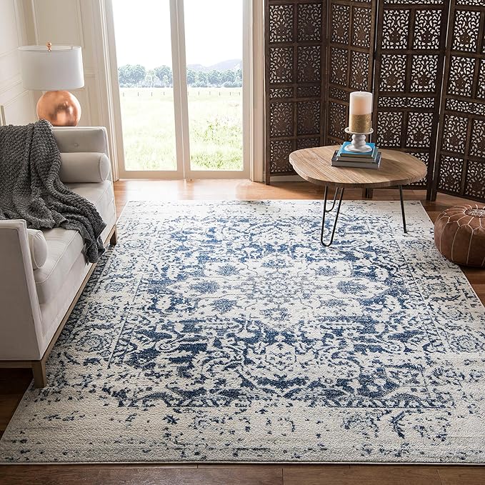 Madison Collection Area Rug - 8' x 10', Teal & Ivory, Snowflake Medallion Distressed Design