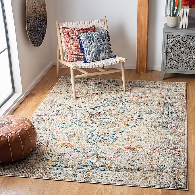 Madison Collection Area Rug - 5'3" x 7'6", Cream & Blue, Boho Distressed Medallion Design