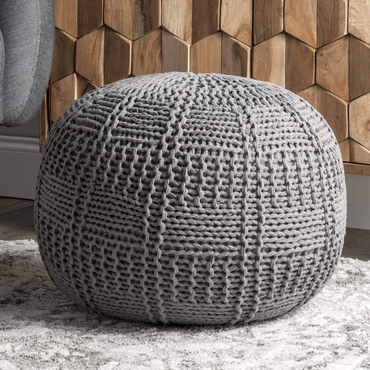 Berlin Casual Knitted Filled Ottoman Pouf 14" x 20" x 20" Grey