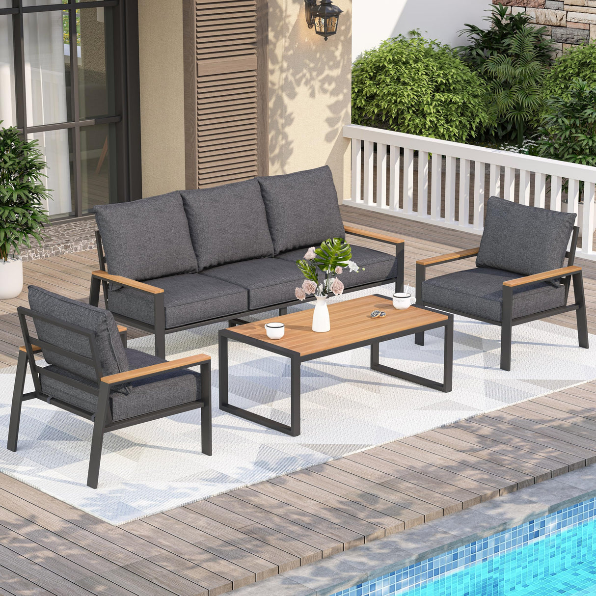 Patio Furniture Set, 4 Pieces Outdoor Furniture Patio Conversation Set with High Back