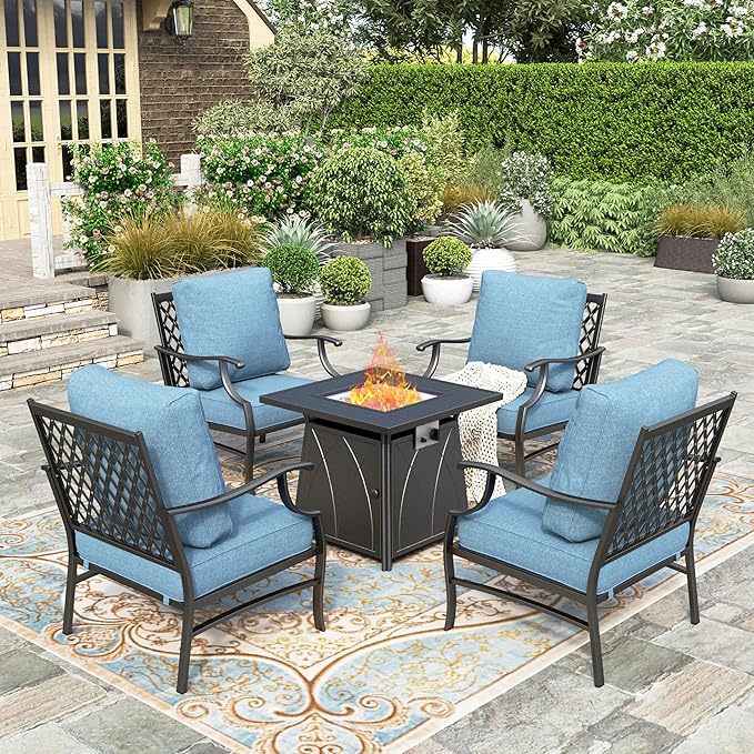 5 Pieces Fire Pit Patio Furniture Set, 4 x Thick Cushioned Swivel Chairs with 28" Fire Pit Table (50,000 BTU)