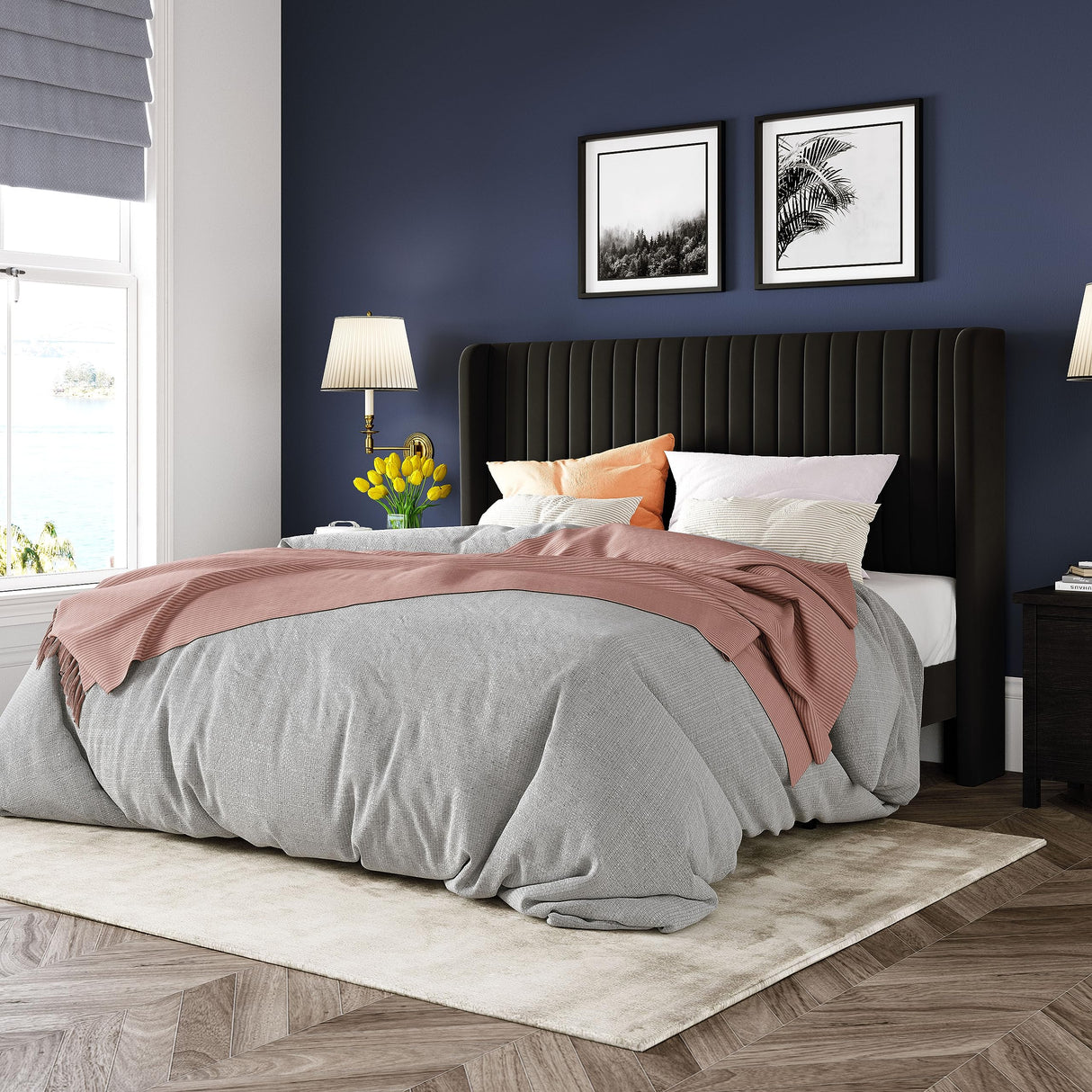 Queen Size Velvet Bed Frame/Vertical Channel Tufted Wingback Headboard