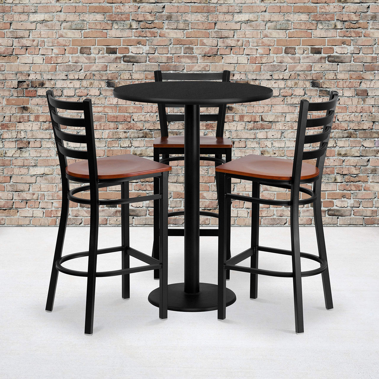 30'' Round Black Laminate Table Set with 3 Ladder Back Metal Barstools - Cherry Wood