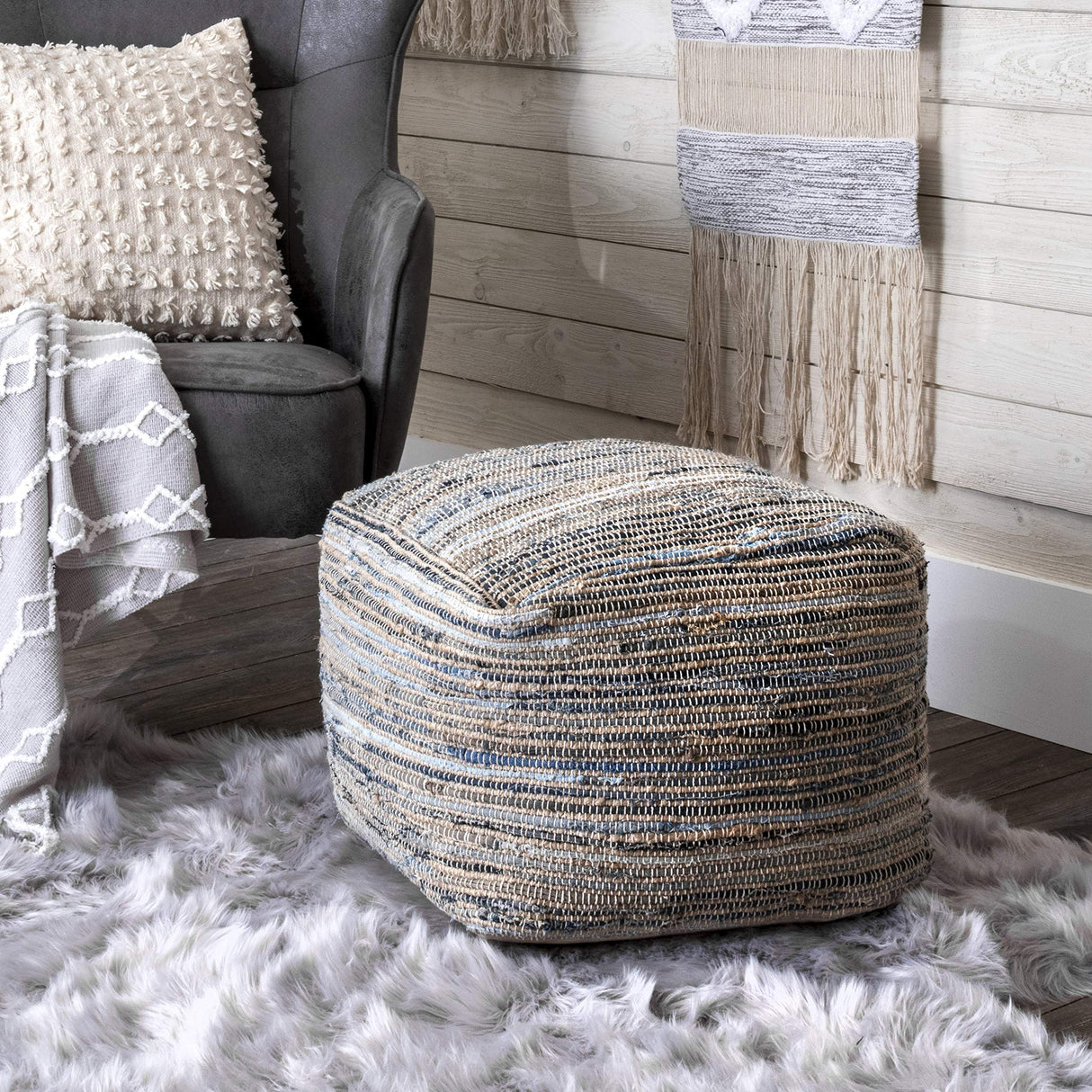 Knitted Casual Denim and Jute Ottoman Pouf