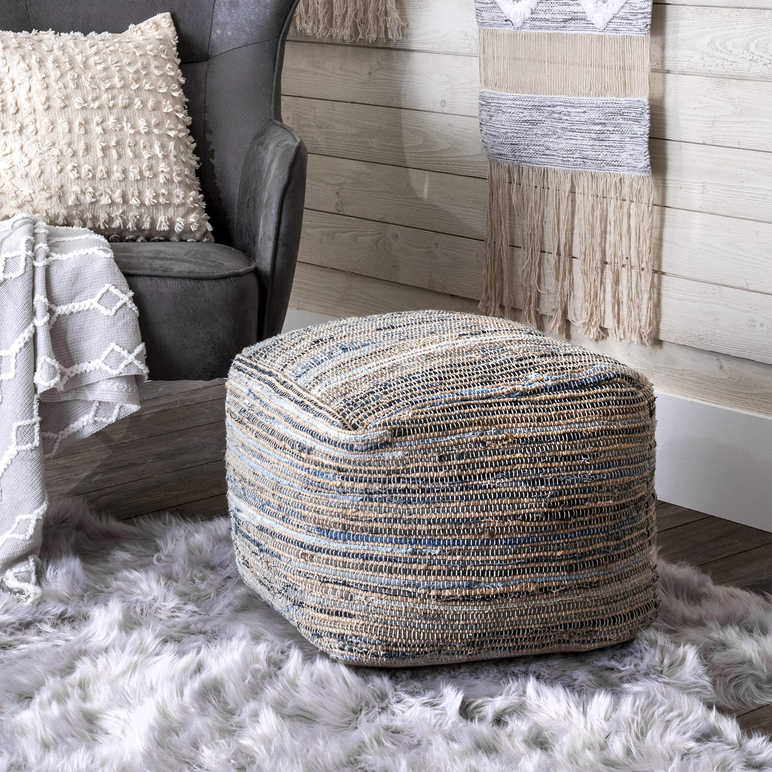 Knitted Casual Denim and Jute Ottoman Pouf