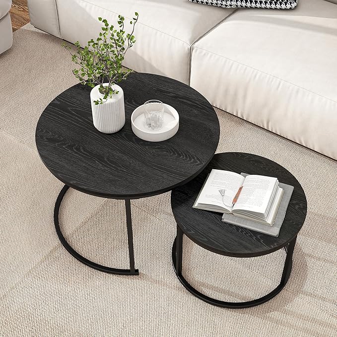 Industrial Round Coffee Table Set of 2 End Table for Living Room