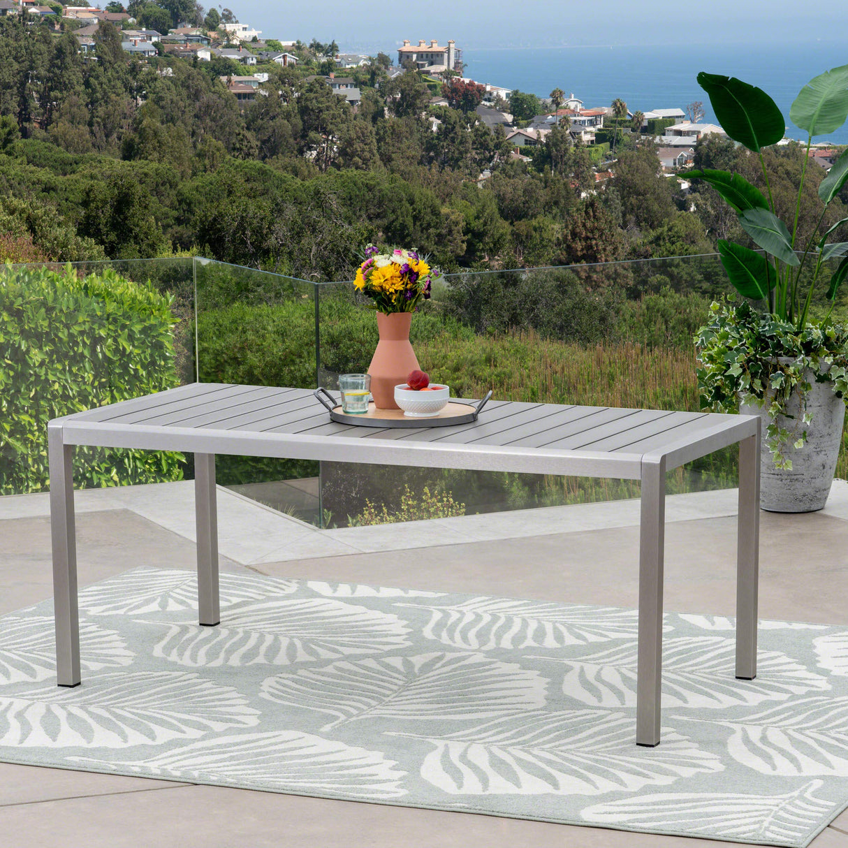 Coral Outdoor Aluminum Dining Table with Faux Wood Top - Gray Finish