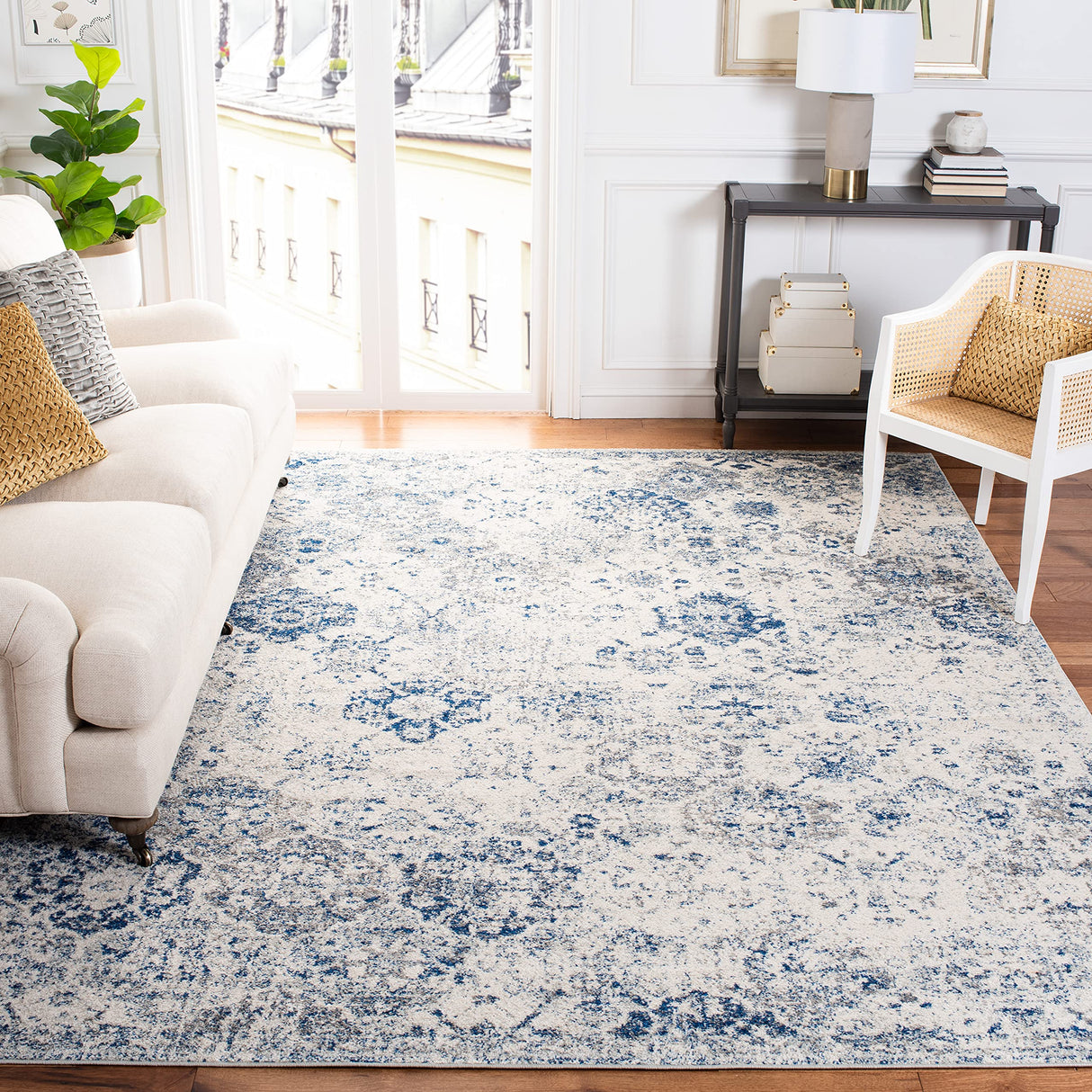 Madison Collection 9' Square White / Royal Blue MAD611C Boho Chic Floral