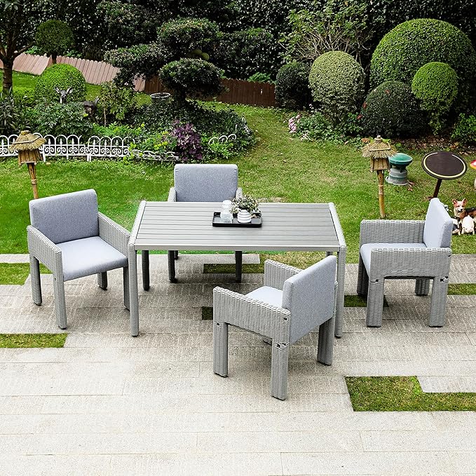 Wicker Outdoor Dining Set for 6, Upholstered 7 Piece Patio Dining Set with Armrests