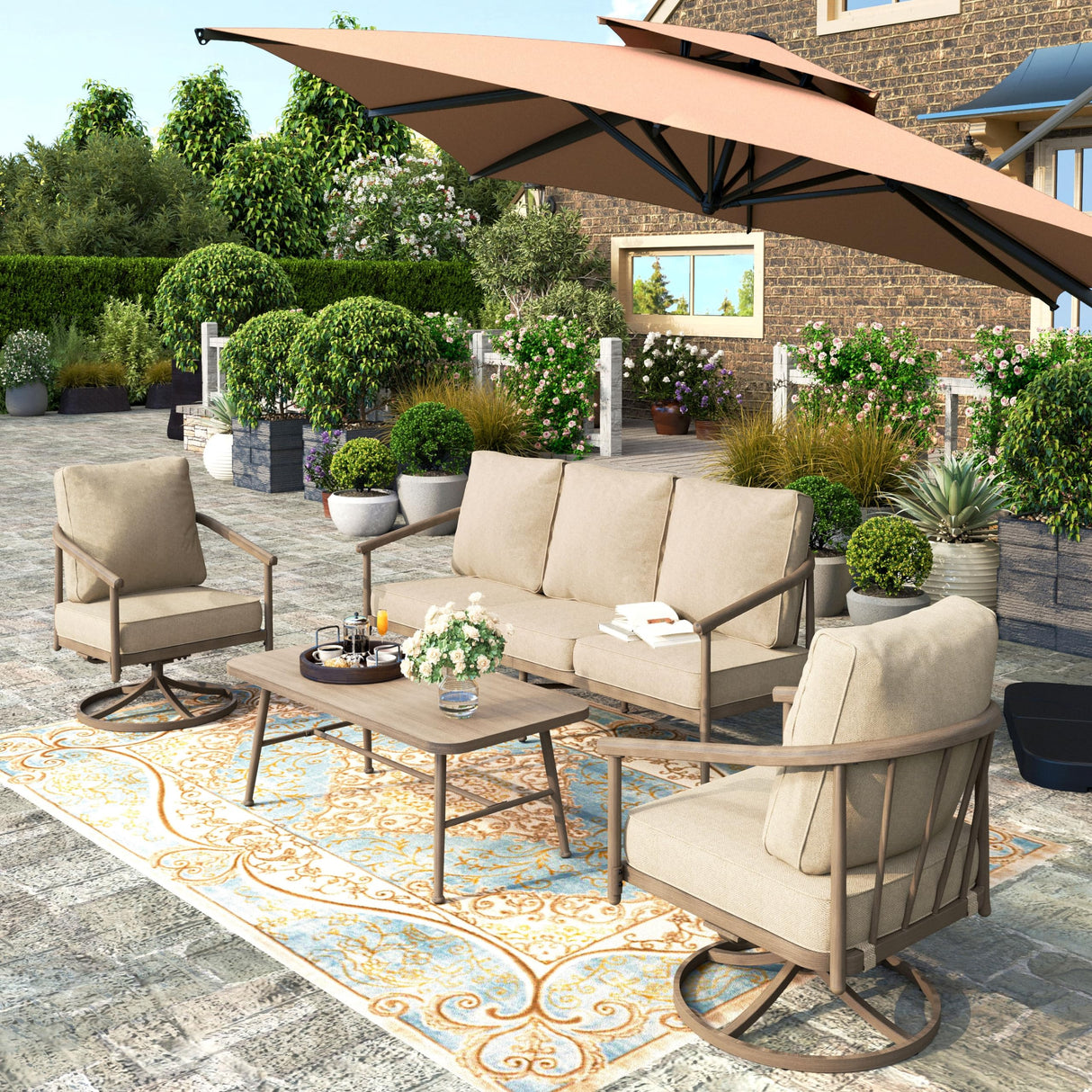 Patio Furniture Set, 2 x Cushioned Swivel Chair, 3-Seat Sofa with Wood Grain Coffee Table