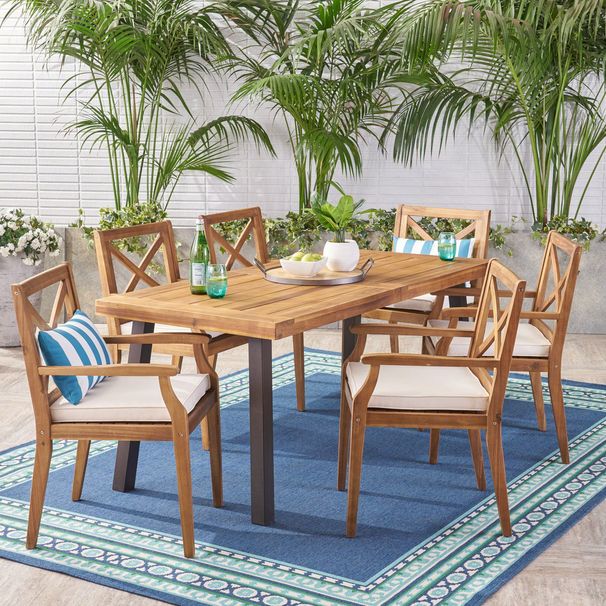 Knight Home Justin Outdoor 7 Piece Acacia Wood Dining Set, Teak Finish/Rustic