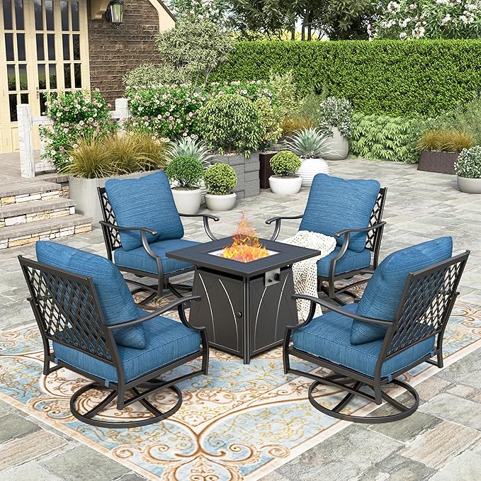 5 Pieces Fire Pit Patio Furniture Set, 4 x Thick Cushioned Swivel Chairs with 28" Fire Pit Table (50,000 BTU)