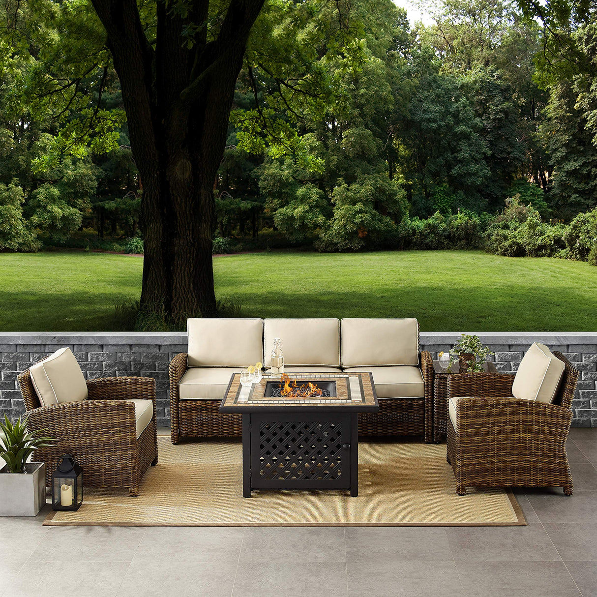 Bradenton 5-Piece Wicker Outdoor Sofa Patio Furniture Set with Propane Gas Fire Pit Table