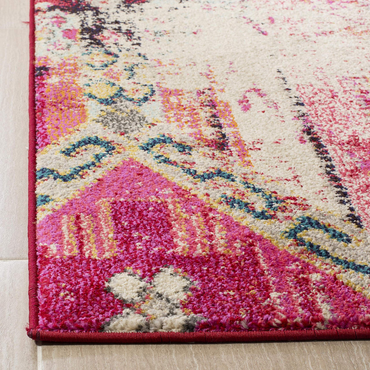 Monaco Boho Chic Tribal Area Rug 10' x 14' - Magenta Multi Distressed Design
