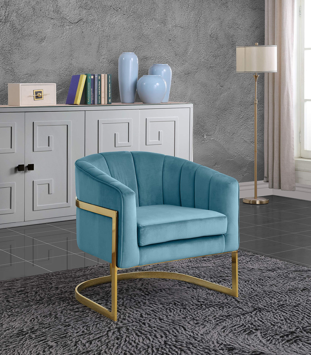 Carter Collection Modern | Contemporary Upholstered Velvet Barrel Accent Chair with Gold Stainless Base, Aqua, 29" W x 27.5" D x 31" H