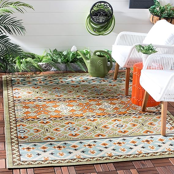 Veranda Collection Area Rug - 8' x 11', Green & Blue, Boho Design, Non-Shedding