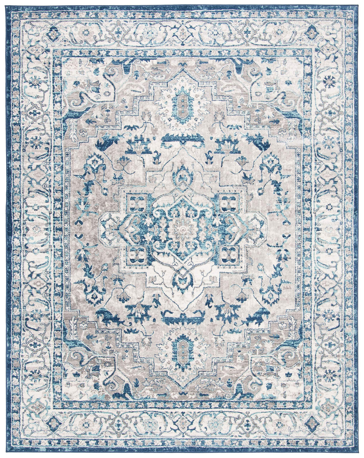 Brentwood Collection Area Rug - 8' x 10', Light Grey & Blue, Medallion Distressed Design