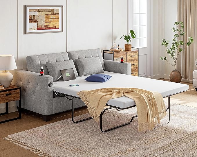 Pull Out Sofa Bed, 2-in-1 Convertible Sleeper Couch with Memory Foam Mattress