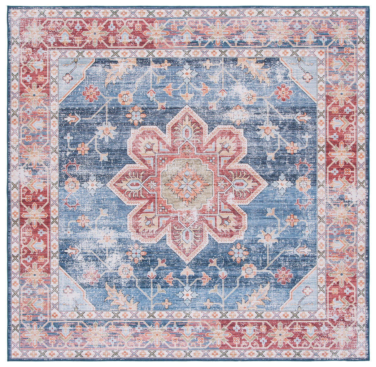 Tucson Collection Area Rug - 5' Square, Blue & Rust, Persian Medallion Design