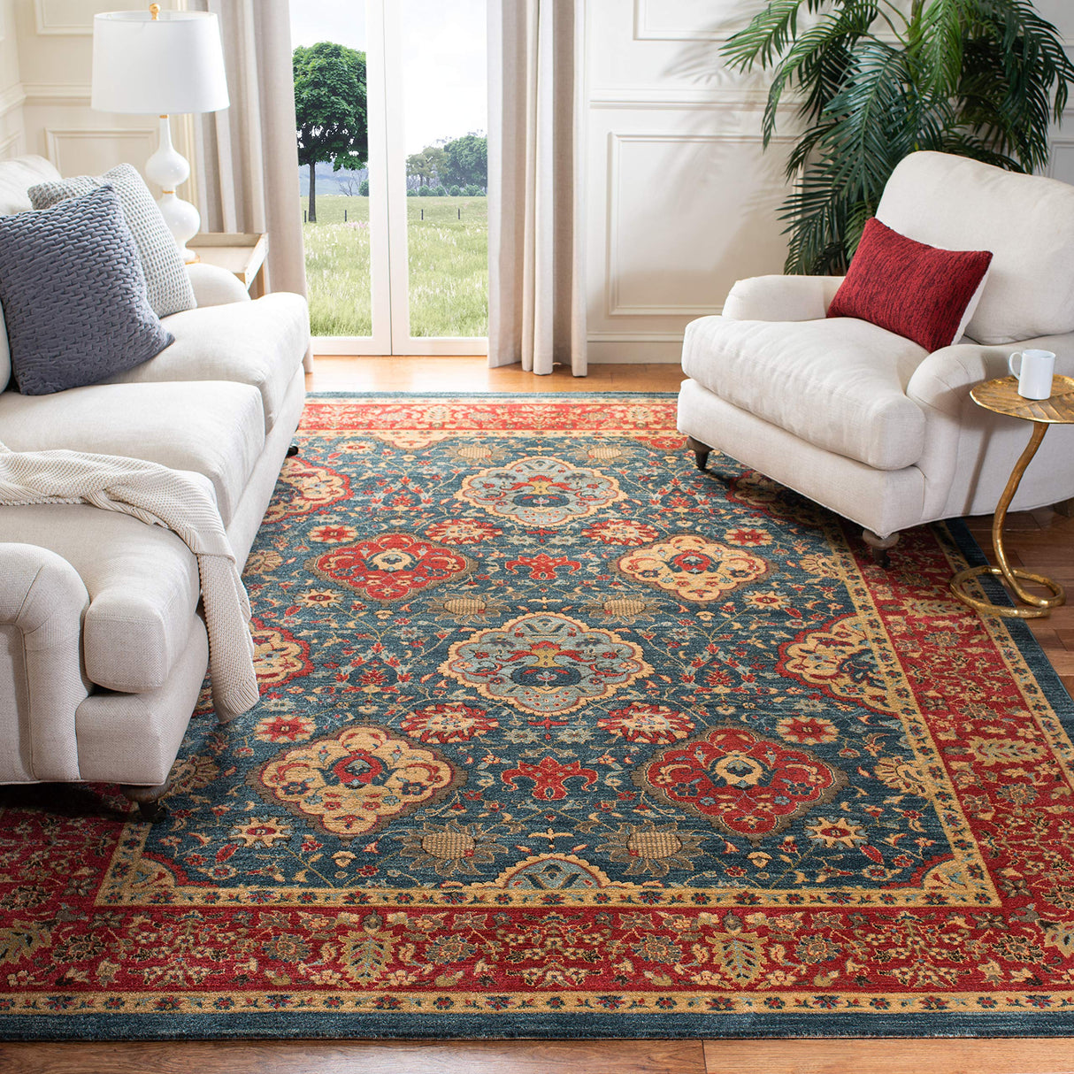 Mahal Collection Area Rug - 9' x 12', Navy & Red, Traditional Oriental Design