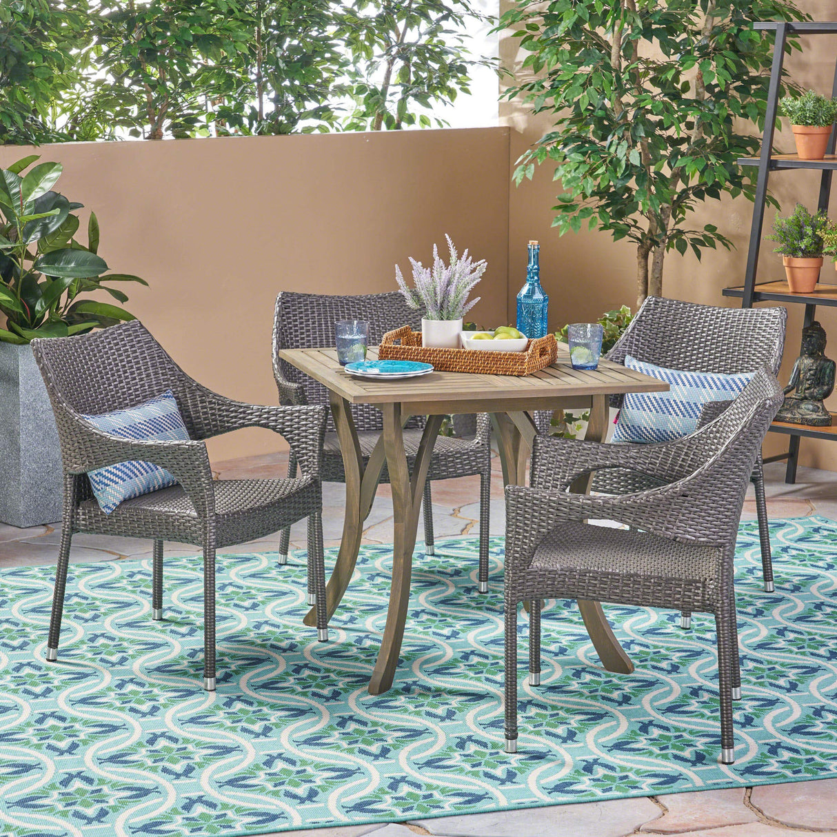 305218 Colin Outdoor 5 Piece Wood and Wicker Square Dining Set