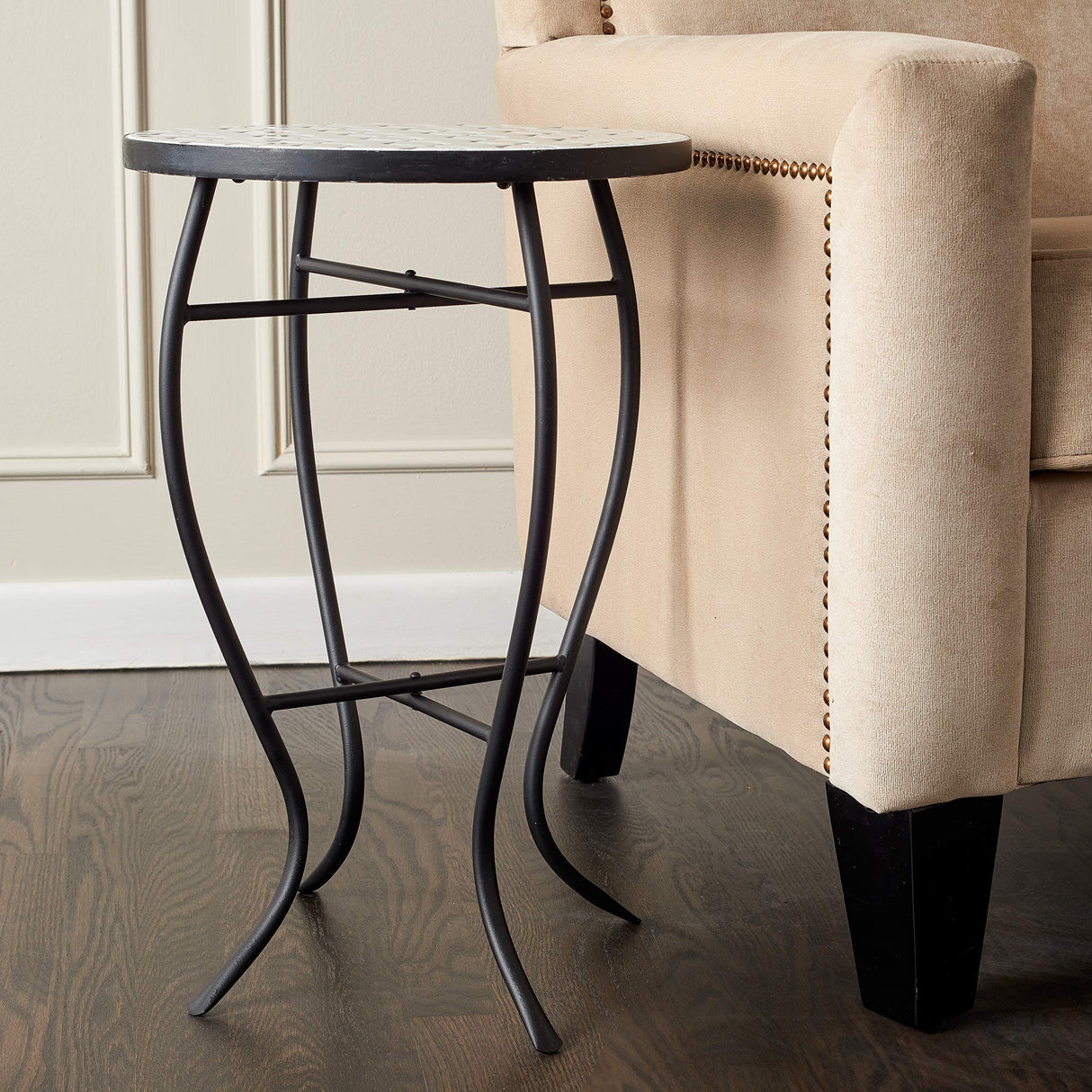 29-KY03WH Accent Side Table - Small, Colorful Mosaic Design, Rust-Resistant Steel Frame