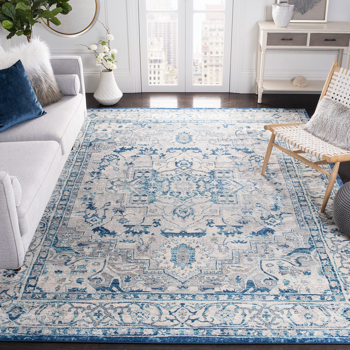 Brentwood Collection Area Rug - 8' x 10', Light Grey & Blue, Medallion Distressed Design