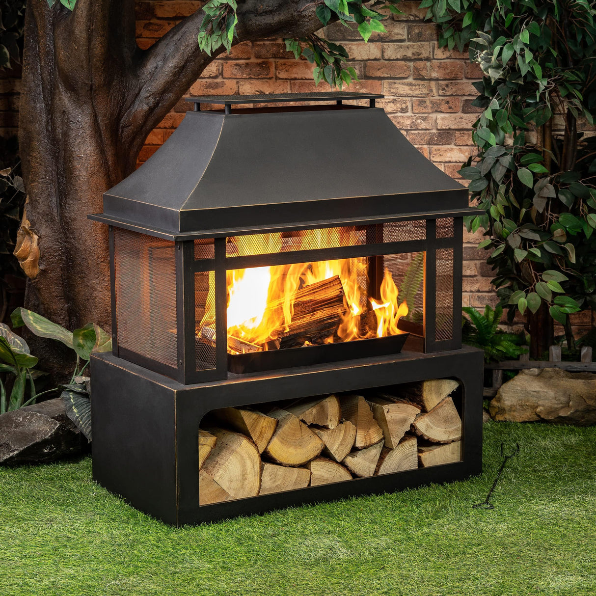 Deko Living Outdoor Wood Burning Fireplace with Wood Storage and Removable Fire Grill - 40 Inch Large Metal Wicker Base Fire Pit for Patio Garden Deck Backyard, Black - Bircata