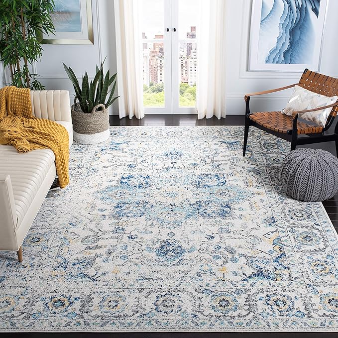 Madison Collection Area Rug - 8' x 10', Teal & Ivory, Snowflake Medallion Distressed Design