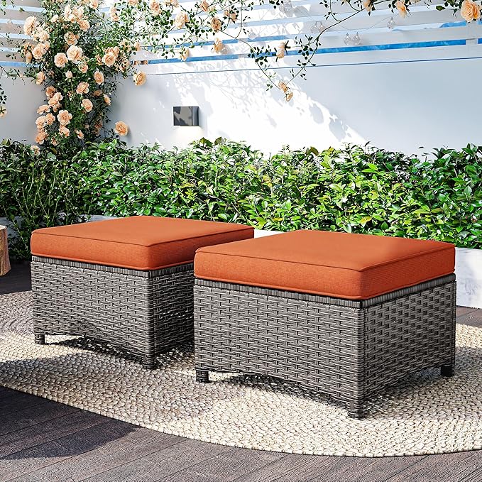 2 Pieces Patio Ottomans, Outdoor Wicker Footrest Seat with Removable Cushions