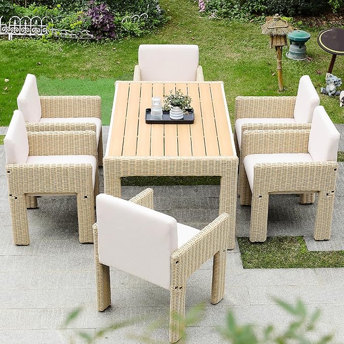 Wicker Outdoor Dining Set for 6, Upholstered 7 Piece Patio Dining Set with Armrests