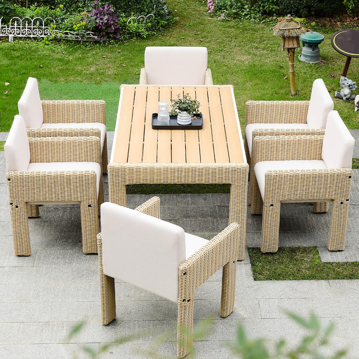 Wicker Outdoor Dining Set for 6, Upholstered 7 Piece Patio Dining Set with Armrests