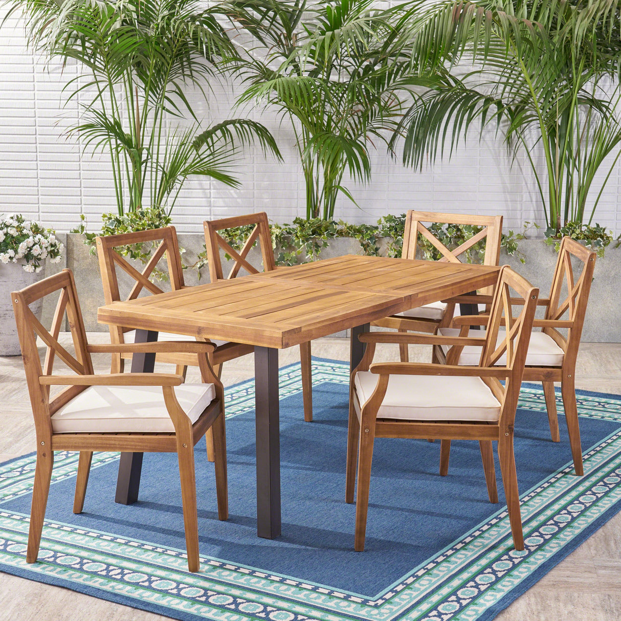 Knight Home Justin Outdoor 7 Piece Acacia Wood Dining Set, Teak Finish/Rustic