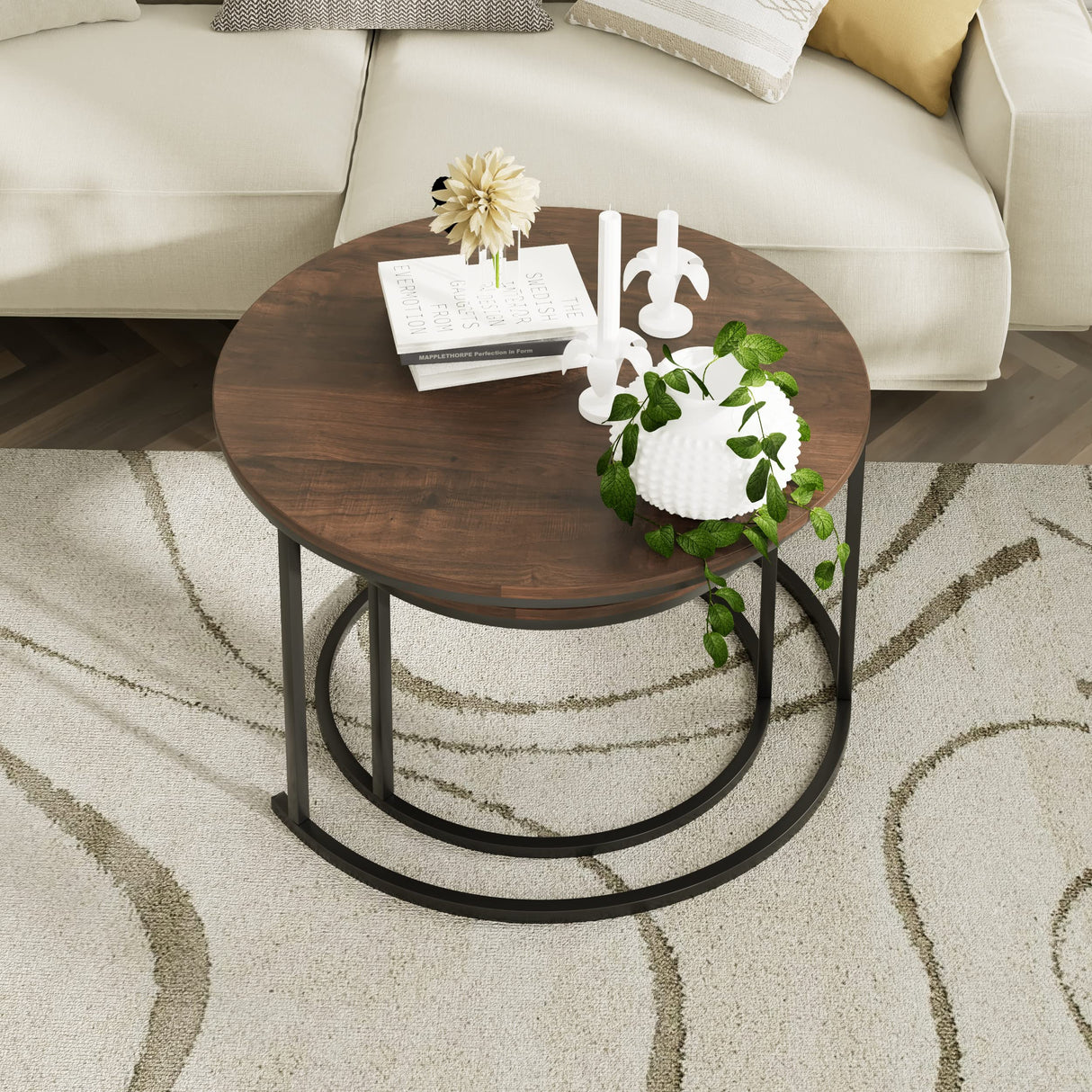 Nesting Coffee Table 31.5IN Set of 2, Rustic Brown Steel Frame Circular