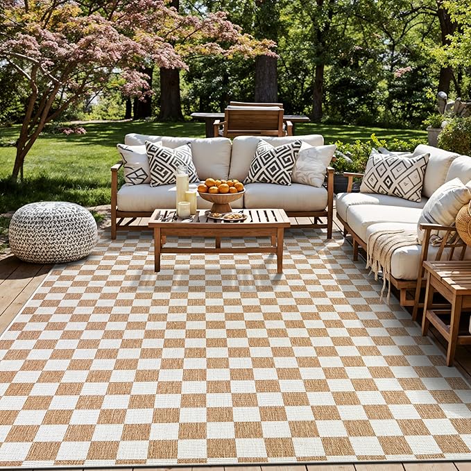 Contemporary Checkered Weather Resistant Reversible Indoor/Outdoor Area Rug 5' x 7' Natural