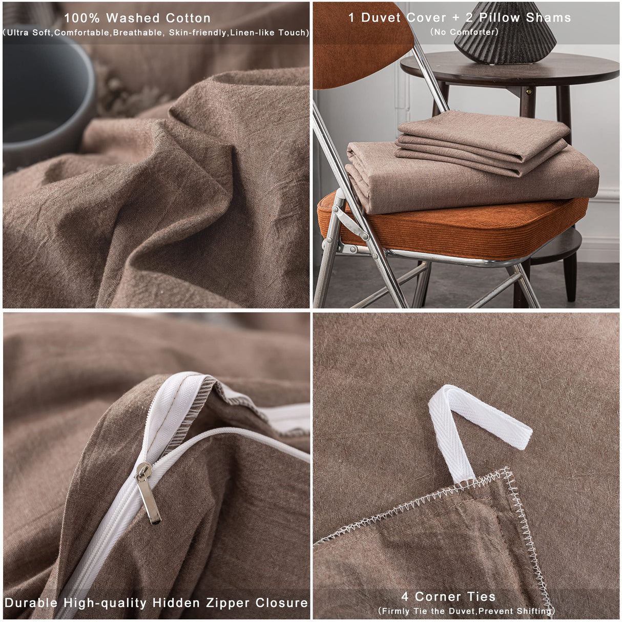 Cotton Duvet Cover King Ultra Soft 100% Cotton Solid Color Coffee Duvet Cover Set with