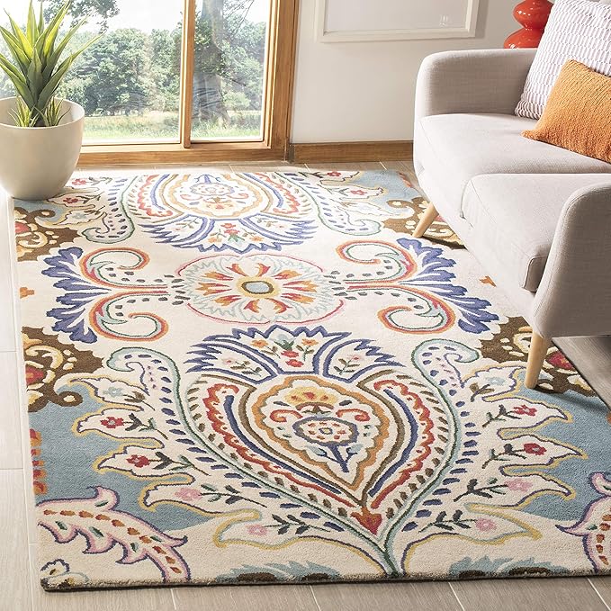 Bella Collection 4' x 6' Ivory/Blue BEL118A Handmade Boho Premium Wool Area Rug