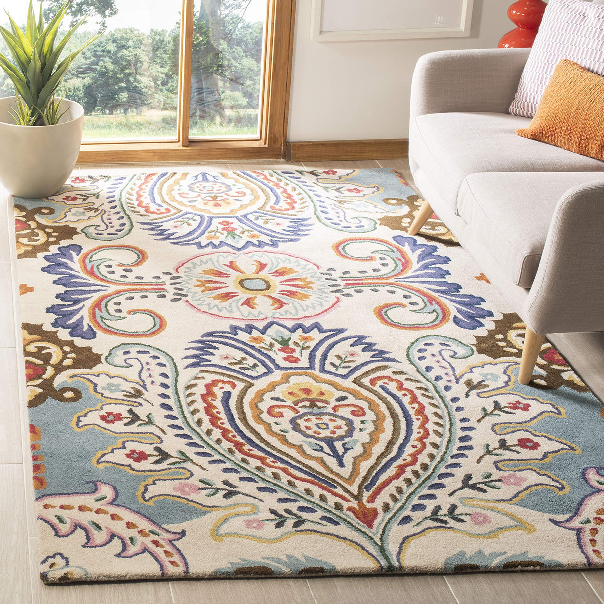 Bella Collection 4' x 6' Ivory/Blue BEL118A Handmade Boho Premium Wool Area Rug