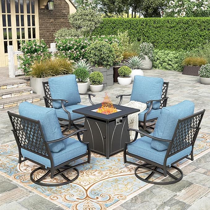 5 Pieces Fire Pit Patio Furniture Set, 4 x Thick Cushioned Swivel Chairs with 28" Fire Pit Table (50,000 BTU)