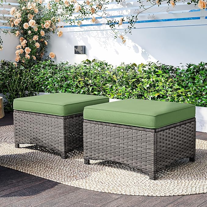 2 Pieces Patio Ottomans, Outdoor Wicker Footrest Seat with Removable Cushions
