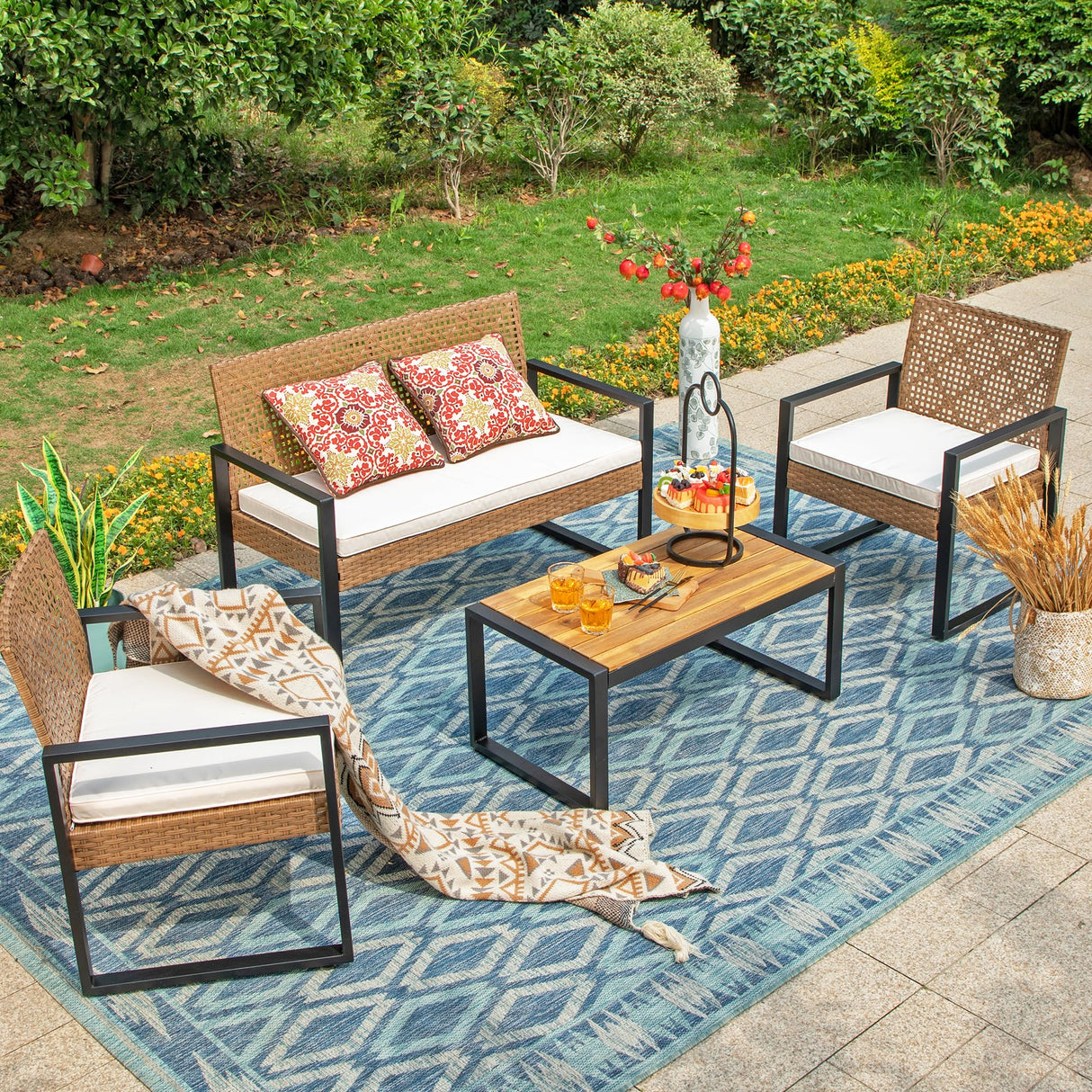 4 Pieces Patio Conversation Set, Wicker Outdoor Furniture Set for 4