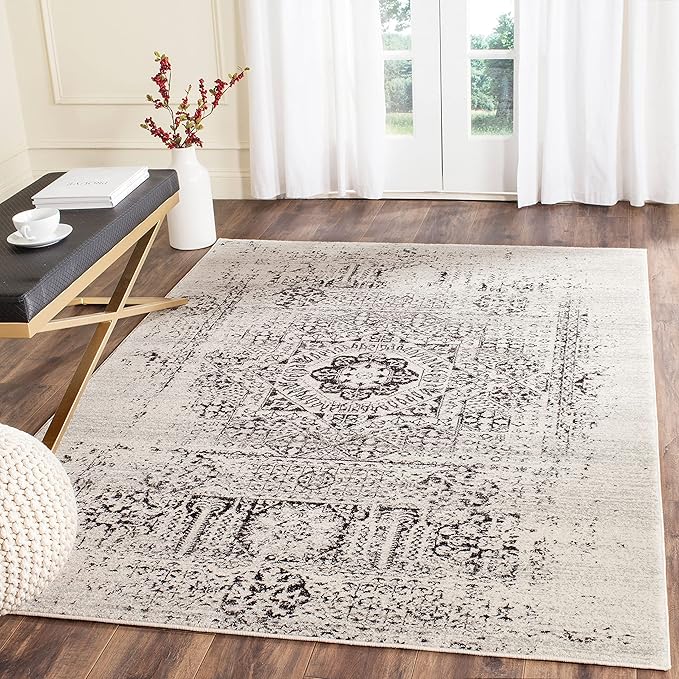 Evoke Collection 8' x 10' Ivory/Blue EVK260C Oriental Medallion Distressed Non-Shedding