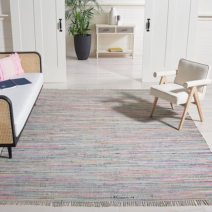 Rag Rug Collection Area Rug - 9' x 12', Ivory & Multi, Handmade Boho Stripe Cotton