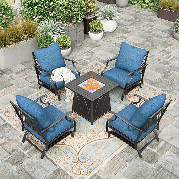 5 Pieces Fire Pit Patio Furniture Set, 4 x Thick Cushioned Swivel Chairs with 28" Fire Pit Table (50,000 BTU)