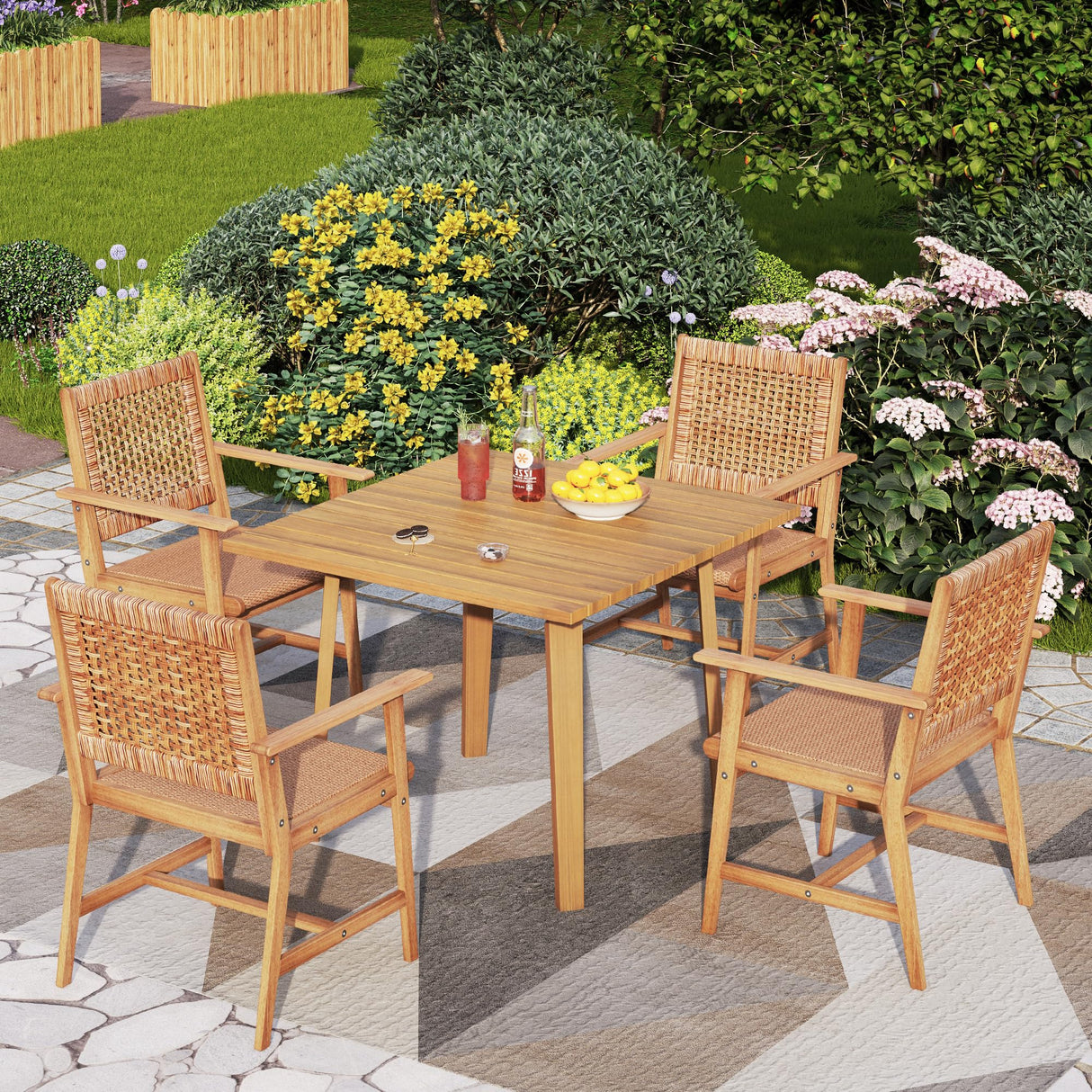 Outdoor Acacia Wood Dining Chairs Set of 2, Armchairs with Strong Wicker Back & Seat